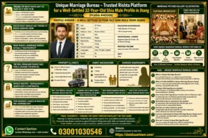 Unique Marriage Bureau – Trusted Rishta Platform for a Well-Settled 32-Year-Old Shia Male Profile in Jhang (Profile #40008)