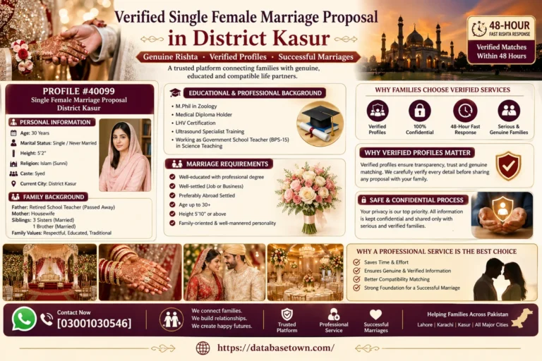 Single Female Marriage Proposal in District Kasur