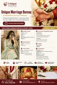 Unique Marriage Bureau – Trusted Rishta Service for Single Female Marriage Proposal in District Kasur (Profile #40099)