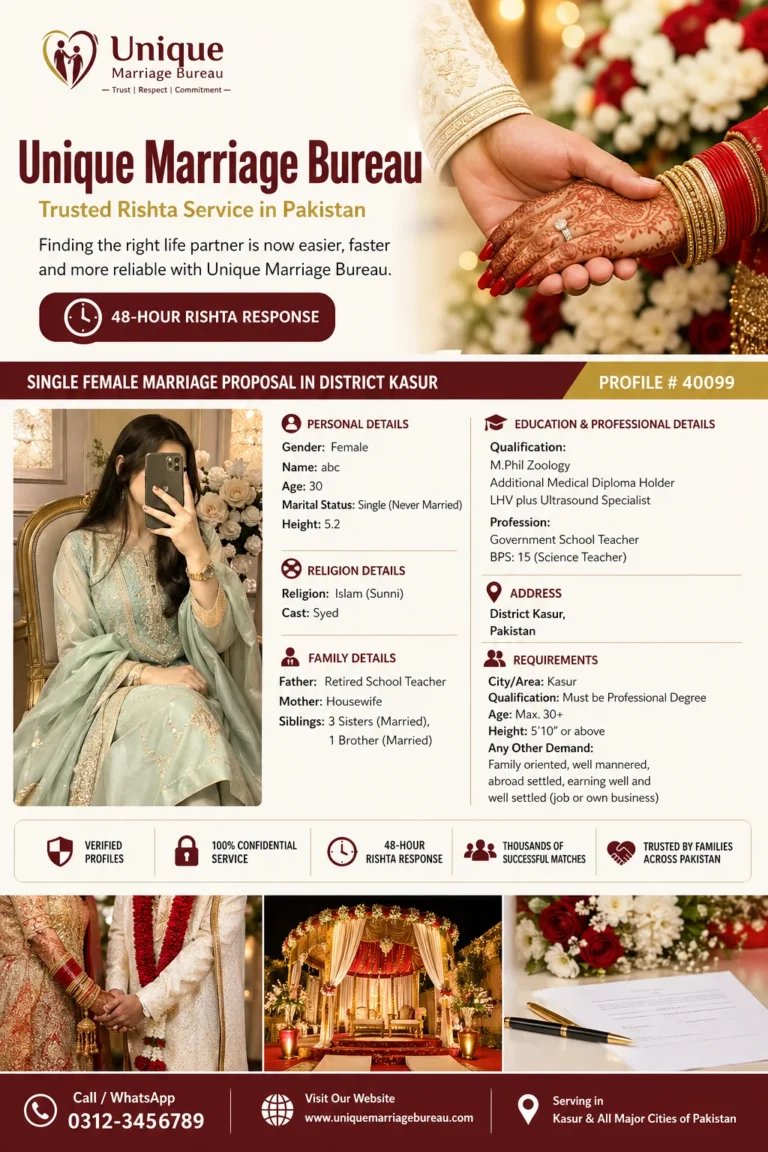 Single Female Marriage Proposal in District Kasur