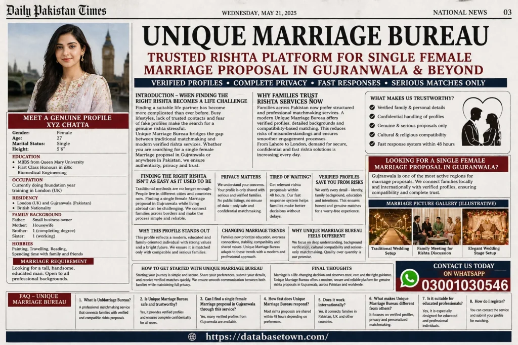 Unique Marriage Bureau – Trusted Rishta Platform for Single Female Marriage Proposal in Gujranwala & Beyond 1