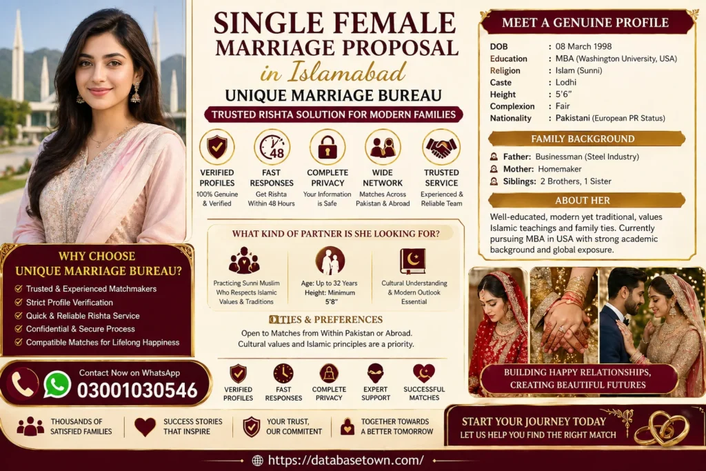 Single Female Marriage Proposal in Islamabad – Unique Marriage Bureau Trusted Rishta Solution for Modern Families 1