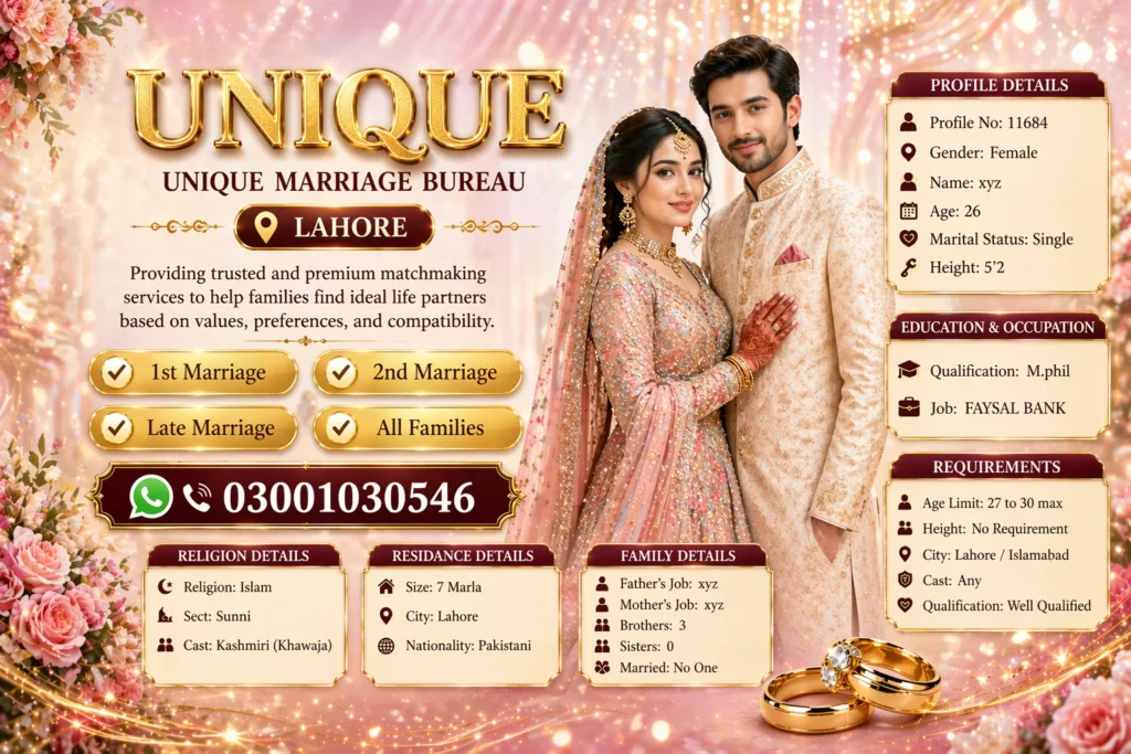 Unique Marriage Bureau – Trusted Platform for Single Female Rishta in Lahore (Profile 11684) 1