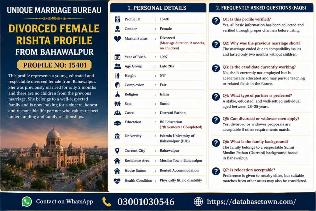 Unique Marriage Bureau – Matrimonial Divorced Female Rishta Presentation (Bahawalpur) 1
