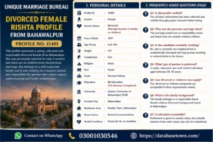 Unique Marriage Bureau – Matrimonial Divorced Female Rishta Presentation (Bahawalpur)
