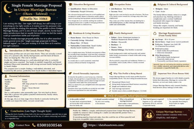 # Single Female Marriage Proposal in Unique Marriage Bureau (Okara – Sahiwal)