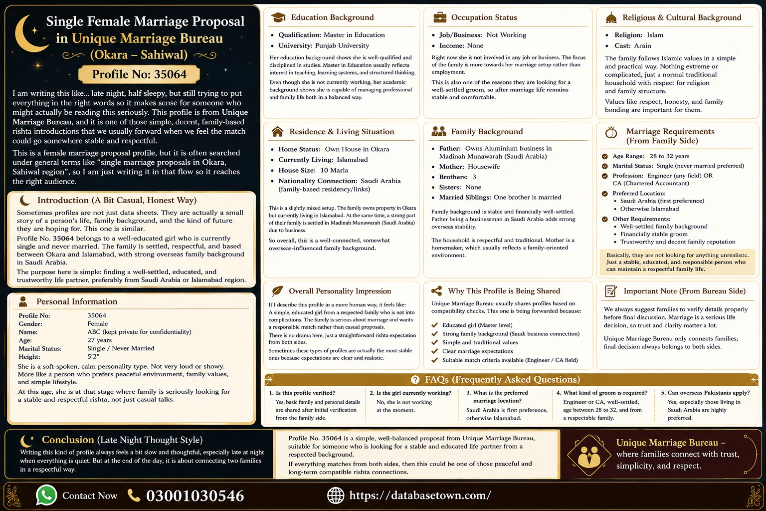 # Single Female Marriage Proposal in Unique Marriage Bureau (Okara – Sahiwal)