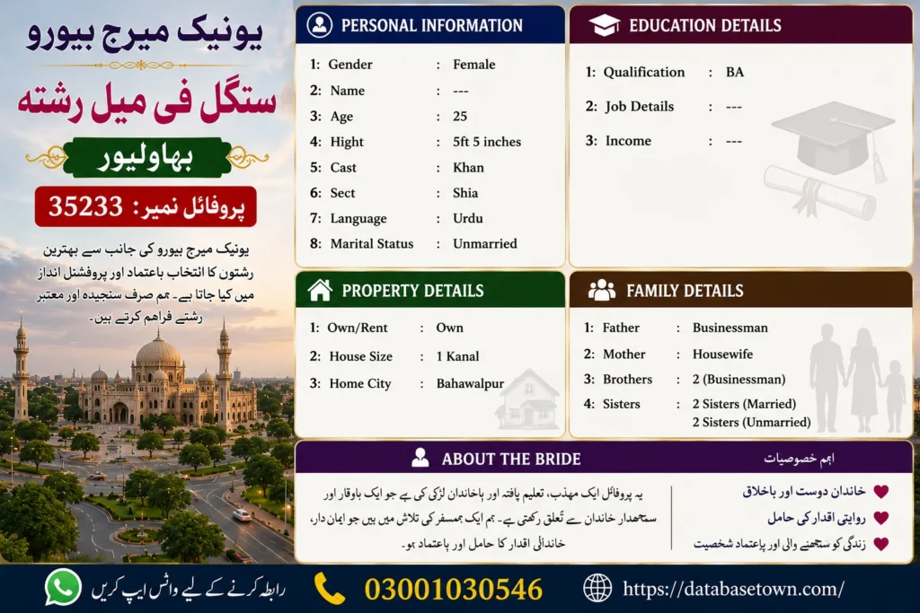 Single Female Rishta in Bahawalpur – Profile No 35233 | Unique Marriage Bureau 1