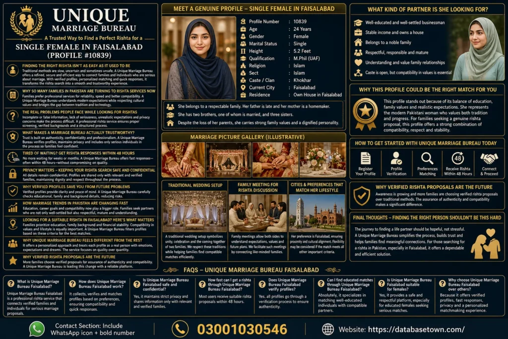 Unique Marriage Bureau – A Trusted Way to Find a Perfect Rishta for a Single Female in Faisalabad (Profile #10839) 1