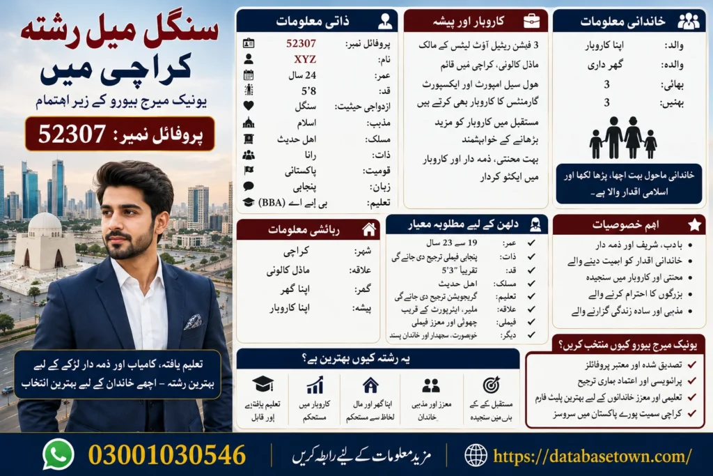 Single Male Rishta in Karachi – Profile No. 52307 Trusted Matchmaking by Unique Marriage Bureau 1